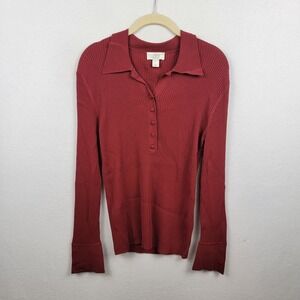 Ann Taylor Loft Brick Red Ribbed V-Neck Maternity Sweater Size L Buttons Collar